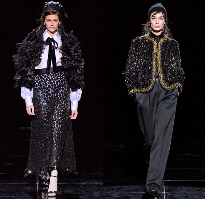 Marc Jacobs 2019-2020 Fall Autumn Winter Womens Runway Catwalk Looks - New York Fashion Week NYFW - Fairy Tale Stephen Jones Millinery Flowers Floral Paisley Ruffles Tiered Petals Strapless Dress Poufy Shoulders Sheer Chiffon Gown Feathers Plumage Pussycat Bow Ribbon Stripes Polka Dots Turtleneck Bedazzled Studs Sculptural Dimensional Lace Cutwork Knit Cap Pantsuit Check Oversized Coat Wool Poncho Cape Wide Elongated Sleeves Check Leopard Spots Stockings Tights Boots