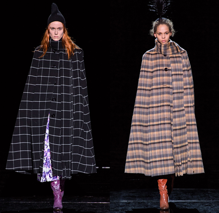 Marc Jacobs 2019-2020 Fall Autumn Winter Womens Runway Catwalk Looks - New York Fashion Week NYFW - Fairy Tale Stephen Jones Millinery Flowers Floral Paisley Ruffles Tiered Petals Strapless Dress Poufy Shoulders Sheer Chiffon Gown Feathers Plumage Pussycat Bow Ribbon Stripes Polka Dots Turtleneck Bedazzled Studs Sculptural Dimensional Lace Cutwork Knit Cap Pantsuit Check Oversized Coat Wool Poncho Cape Wide Elongated Sleeves Check Leopard Spots Stockings Tights Boots