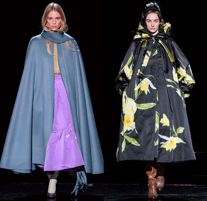 Marc Jacobs 2019-2020 Fall Autumn Winter Womens Runway Catwalk Looks - New York Fashion Week NYFW - Fairy Tale Stephen Jones Millinery Flowers Floral Paisley Ruffles Tiered Petals Strapless Dress Poufy Shoulders Sheer Chiffon Gown Feathers Plumage Pussycat Bow Ribbon Stripes Polka Dots Turtleneck Bedazzled Studs Sculptural Dimensional Lace Cutwork Knit Cap Pantsuit Check Oversized Coat Wool Poncho Cape Wide Elongated Sleeves Check Leopard Spots Stockings Tights Boots