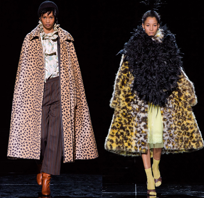 Marc Jacobs 2019-2020 Fall Autumn Winter Womens Runway Catwalk Looks - New York Fashion Week NYFW - Fairy Tale Stephen Jones Millinery Flowers Floral Paisley Ruffles Tiered Petals Strapless Dress Poufy Shoulders Sheer Chiffon Gown Feathers Plumage Pussycat Bow Ribbon Stripes Polka Dots Turtleneck Bedazzled Studs Sculptural Dimensional Lace Cutwork Knit Cap Pantsuit Check Oversized Coat Wool Poncho Cape Wide Elongated Sleeves Check Leopard Spots Stockings Tights Boots