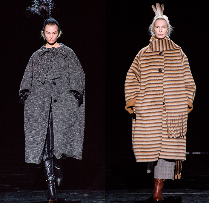 Marc Jacobs 2019-2020 Fall Autumn Winter Womens Runway Catwalk Looks - New York Fashion Week NYFW - Fairy Tale Stephen Jones Millinery Flowers Floral Paisley Ruffles Tiered Petals Strapless Dress Poufy Shoulders Sheer Chiffon Gown Feathers Plumage Pussycat Bow Ribbon Stripes Polka Dots Turtleneck Bedazzled Studs Sculptural Dimensional Lace Cutwork Knit Cap Pantsuit Check Oversized Coat Wool Poncho Cape Wide Elongated Sleeves Check Leopard Spots Stockings Tights Boots