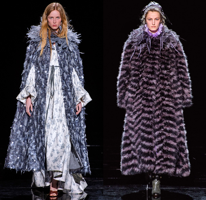 Marc Jacobs 2019-2020 Fall Autumn Winter Womens Runway Catwalk Looks - New York Fashion Week NYFW - Fairy Tale Stephen Jones Millinery Flowers Floral Paisley Ruffles Tiered Petals Strapless Dress Poufy Shoulders Sheer Chiffon Gown Feathers Plumage Pussycat Bow Ribbon Stripes Polka Dots Turtleneck Bedazzled Studs Sculptural Dimensional Lace Cutwork Knit Cap Pantsuit Check Oversized Coat Wool Poncho Cape Wide Elongated Sleeves Check Leopard Spots Stockings Tights Boots