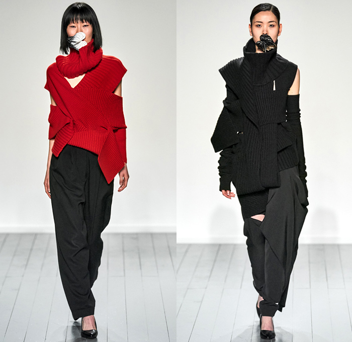 Marta Jakubowski 2019-2020 Fall Autumn Winter Womens Runway Catwalk Looks - London Fashion Week Collections UK - Hélène Cixous' The Laugh of the Medusa Deconstructed Knit Wrap Cutout Turtleneck Layers Draping Sash Cross Wrap Tied Knot Arm Sleeve Trench Coat Blazer Pinstripe Hanging Sleeve Asymmetrical Hem Buttons Pantsuit Quilted Puffer Waffle Hybrid Metallic Sheen Strapless Gown Eveningwear High Slit Skirt Wide Leg Palazzo Pants Boots