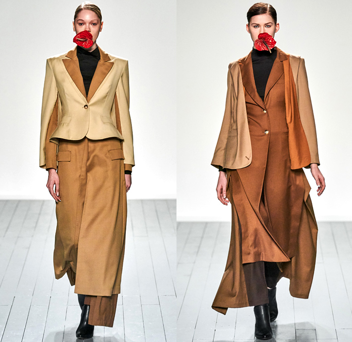 Marta Jakubowski 2019-2020 Fall Autumn Winter Womens Runway Catwalk Looks - London Fashion Week Collections UK - Hélène Cixous' The Laugh of the Medusa Deconstructed Knit Wrap Cutout Turtleneck Layers Draping Sash Cross Wrap Tied Knot Arm Sleeve Trench Coat Blazer Pinstripe Hanging Sleeve Asymmetrical Hem Buttons Pantsuit Quilted Puffer Waffle Hybrid Metallic Sheen Strapless Gown Eveningwear High Slit Skirt Wide Leg Palazzo Pants Boots