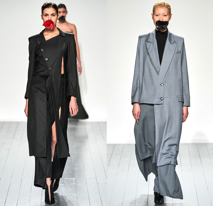 Marta Jakubowski 2019-2020 Fall Autumn Winter Womens Runway Catwalk Looks - London Fashion Week Collections UK - Hélène Cixous' The Laugh of the Medusa Deconstructed Knit Wrap Cutout Turtleneck Layers Draping Sash Cross Wrap Tied Knot Arm Sleeve Trench Coat Blazer Pinstripe Hanging Sleeve Asymmetrical Hem Buttons Pantsuit Quilted Puffer Waffle Hybrid Metallic Sheen Strapless Gown Eveningwear High Slit Skirt Wide Leg Palazzo Pants Boots