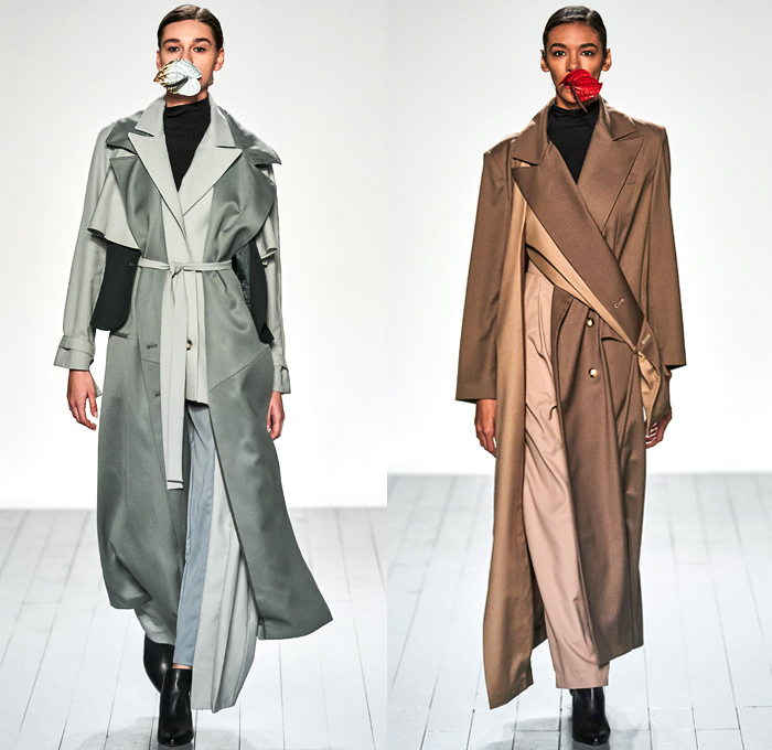 Marta Jakubowski 2019-2020 Fall Autumn Winter Womens Runway Catwalk Looks - London Fashion Week Collections UK - Hélène Cixous' The Laugh of the Medusa Deconstructed Knit Wrap Cutout Turtleneck Layers Draping Sash Cross Wrap Tied Knot Arm Sleeve Trench Coat Blazer Pinstripe Hanging Sleeve Asymmetrical Hem Buttons Pantsuit Quilted Puffer Waffle Hybrid Metallic Sheen Strapless Gown Eveningwear High Slit Skirt Wide Leg Palazzo Pants Boots