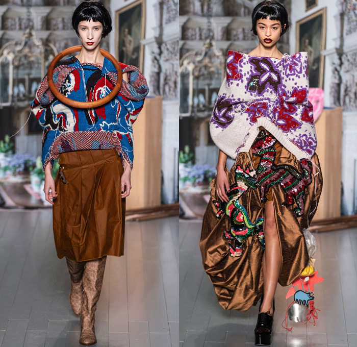 Matty Bovan 2019-2020 Fall Autumn Winter Womens Runway Catwalk Looks - London Fashion Week Collections UK - Stephen Jones Coach Hats DIY Deconstructed Knit Tribal Cardigan Faces One Shoulder Frayed Raw Hem Bedazzled Sequins Pigs Fish Paisley Jingle Bells Flowers Rags Satin Fur Ruffles Tassels Denim Jeans Strapless Dress Gown Asymmetrical Hem Skirt Argyle Socks Wire Bag Boots