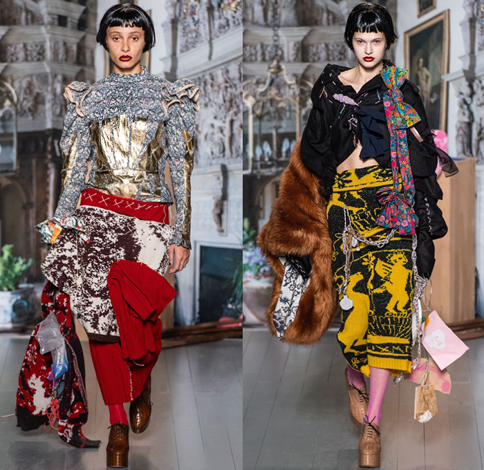 Matty Bovan 2019-2020 Fall Autumn Winter Womens Runway Catwalk Looks - London Fashion Week Collections UK - Stephen Jones Coach Hats DIY Deconstructed Knit Tribal Cardigan Faces One Shoulder Frayed Raw Hem Bedazzled Sequins Pigs Fish Paisley Jingle Bells Flowers Rags Satin Fur Ruffles Tassels Denim Jeans Strapless Dress Gown Asymmetrical Hem Skirt Argyle Socks Wire Bag Boots