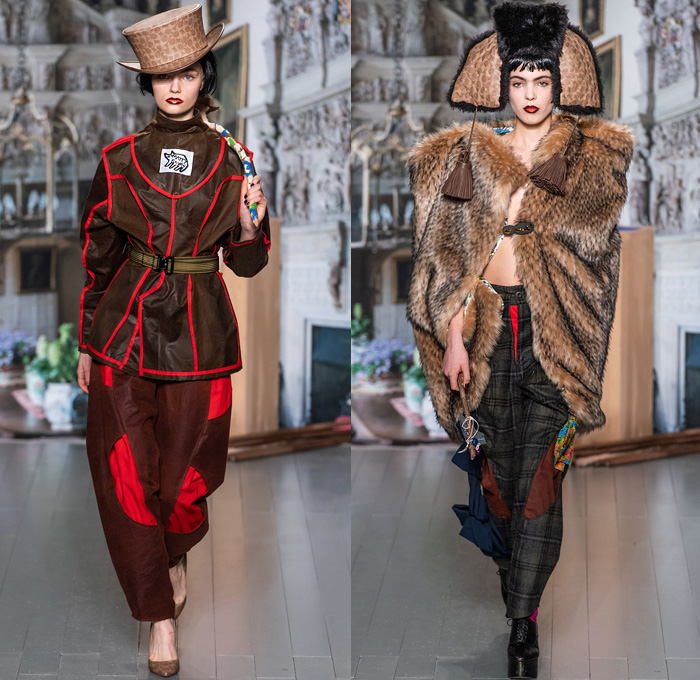 Matty Bovan 2019-2020 Fall Autumn Winter Womens Runway Catwalk Looks - London Fashion Week Collections UK - Stephen Jones Coach Hats DIY Deconstructed Knit Tribal Cardigan Faces One Shoulder Frayed Raw Hem Bedazzled Sequins Pigs Fish Paisley Jingle Bells Flowers Rags Satin Fur Ruffles Tassels Denim Jeans Strapless Dress Gown Asymmetrical Hem Skirt Argyle Socks Wire Bag Boots