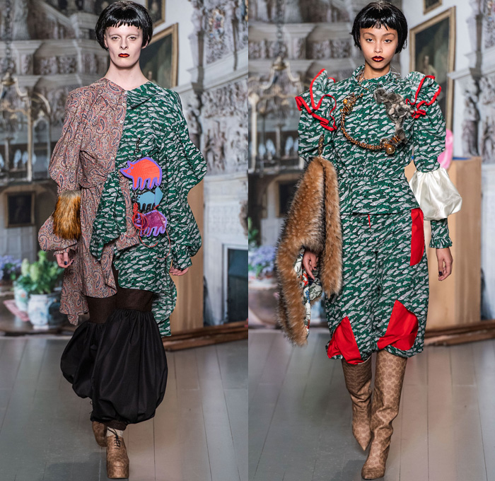 Matty Bovan 2019-2020 Fall Autumn Winter Womens Runway Catwalk Looks - London Fashion Week Collections UK - Stephen Jones Coach Hats DIY Deconstructed Knit Tribal Cardigan Faces One Shoulder Frayed Raw Hem Bedazzled Sequins Pigs Fish Paisley Jingle Bells Flowers Rags Satin Fur Ruffles Tassels Denim Jeans Strapless Dress Gown Asymmetrical Hem Skirt Argyle Socks Wire Bag Boots