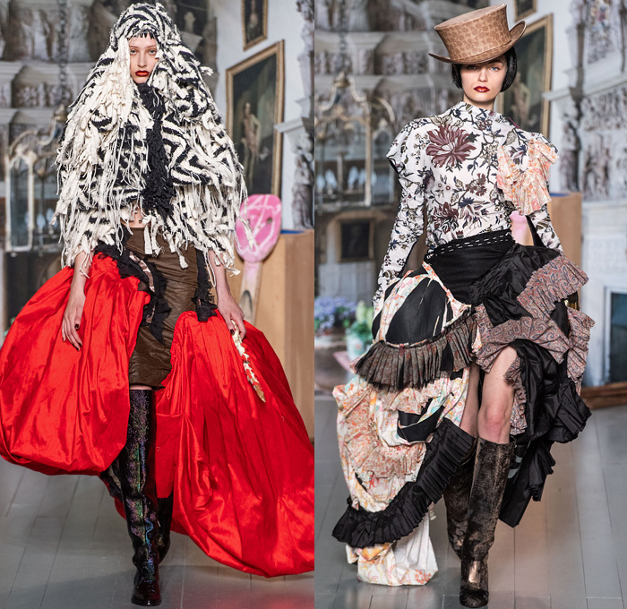 Matty Bovan 2019-2020 Fall Autumn Winter Womens Runway Catwalk Looks - London Fashion Week Collections UK - Stephen Jones Coach Hats DIY Deconstructed Knit Tribal Cardigan Faces One Shoulder Frayed Raw Hem Bedazzled Sequins Pigs Fish Paisley Jingle Bells Flowers Rags Satin Fur Ruffles Tassels Denim Jeans Strapless Dress Gown Asymmetrical Hem Skirt Argyle Socks Wire Bag Boots