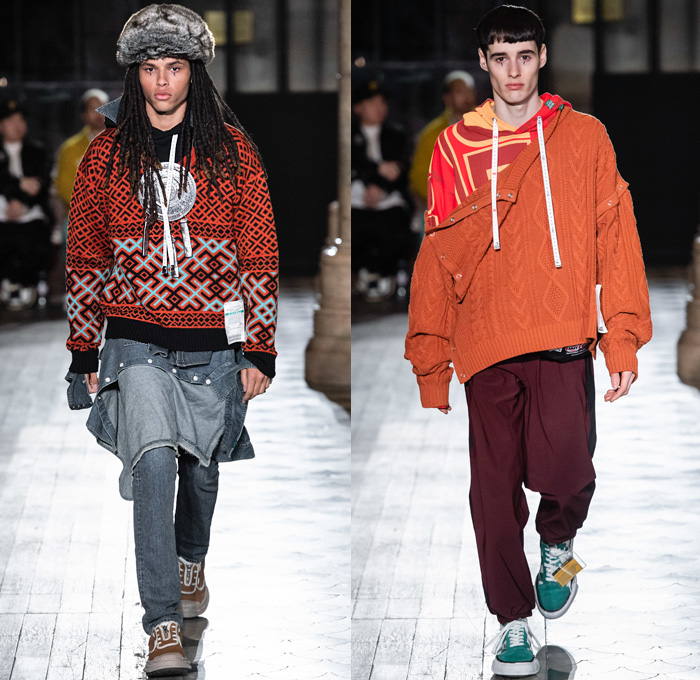 Maison Mihara Yasuhiro 2019-2020 Fall Autumn Winter Mens Runway Show Looks - Mode à Paris Fashion Week Mode Masculine France - Play Responsibly Casino Cards Craps Deconstructed Hybrid Fabrics Panels High Streetwear Bombercoat Quilted Parka Anorak Suit Blazer Pinstripe Camouflage Off Collar Misaligned Shirt Leather Motorcycle Biker Jacket Pink Panther Knit Cardigan Sweater Tearaway Hoodie Sweatshirt Denim Jeans Fanny Pack Pouch Bum Bag Sneakerboot Fur Hat