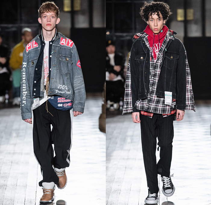 Maison Mihara Yasuhiro 2019-2020 Fall Autumn Winter Mens Runway Show Looks - Mode à Paris Fashion Week Mode Masculine France - Play Responsibly Casino Cards Craps Deconstructed Hybrid Fabrics Panels High Streetwear Bombercoat Quilted Parka Anorak Suit Blazer Pinstripe Camouflage Off Collar Misaligned Shirt Leather Motorcycle Biker Jacket Pink Panther Knit Cardigan Sweater Tearaway Hoodie Sweatshirt Denim Jeans Fanny Pack Pouch Bum Bag Sneakerboot Fur Hat