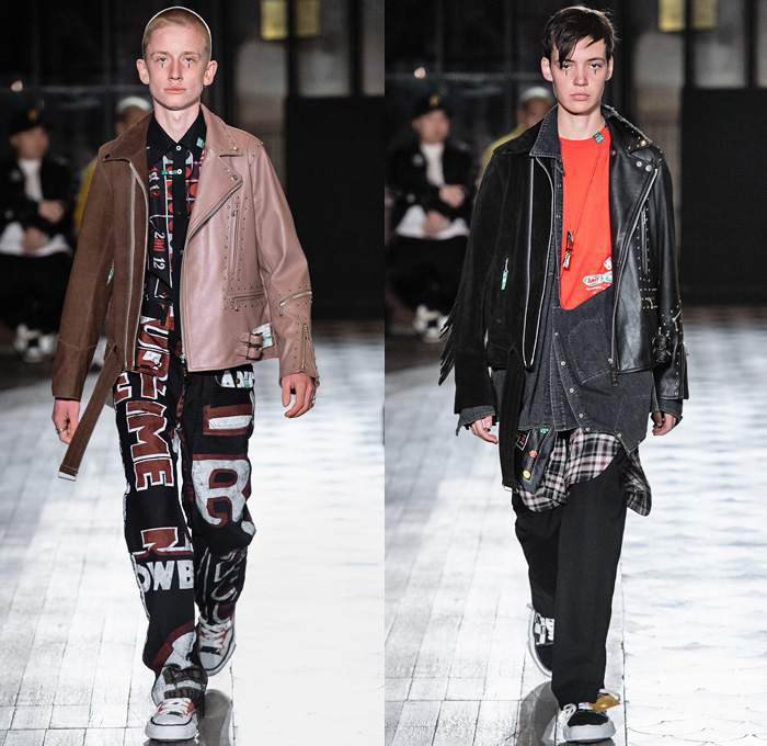 Maison Mihara Yasuhiro 2019-2020 Fall Autumn Winter Mens Runway Show Looks - Mode à Paris Fashion Week Mode Masculine France - Play Responsibly Casino Cards Craps Deconstructed Hybrid Fabrics Panels High Streetwear Bombercoat Quilted Parka Anorak Suit Blazer Pinstripe Camouflage Off Collar Misaligned Shirt Leather Motorcycle Biker Jacket Pink Panther Knit Cardigan Sweater Tearaway Hoodie Sweatshirt Denim Jeans Fanny Pack Pouch Bum Bag Sneakerboot Fur Hat