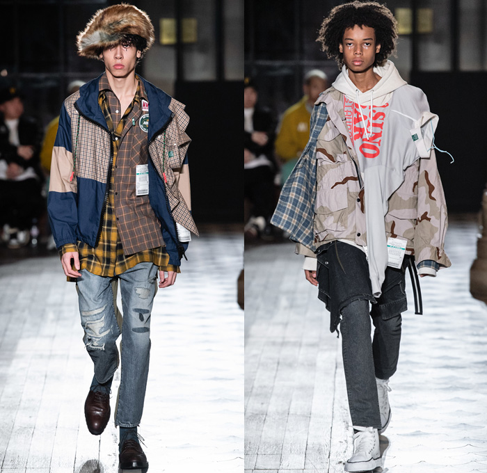 Maison Mihara Yasuhiro 2019-2020 Fall Autumn Winter Mens Runway Show Looks - Mode à Paris Fashion Week Mode Masculine France - Play Responsibly Casino Cards Craps Deconstructed Hybrid Fabrics Panels High Streetwear Bombercoat Quilted Parka Anorak Suit Blazer Pinstripe Camouflage Off Collar Misaligned Shirt Leather Motorcycle Biker Jacket Pink Panther Knit Cardigan Sweater Tearaway Hoodie Sweatshirt Denim Jeans Fanny Pack Pouch Bum Bag Sneakerboot Fur Hat