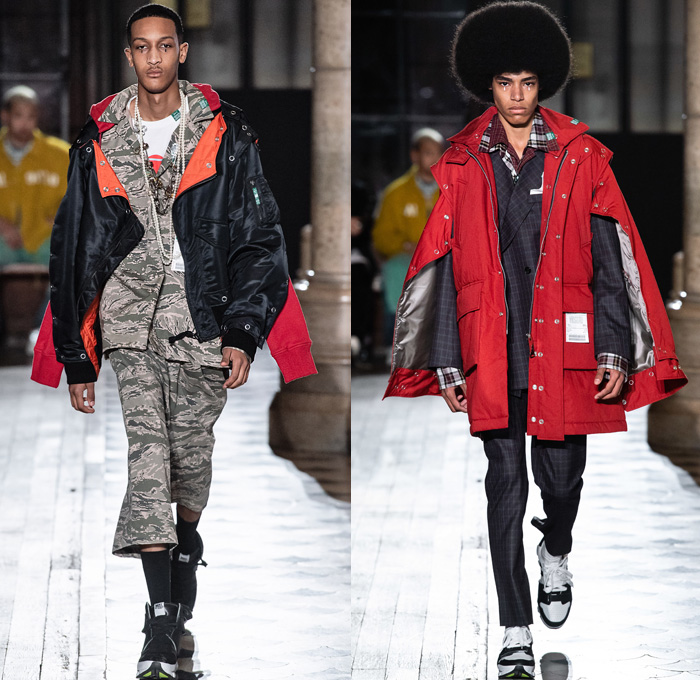 Maison Mihara Yasuhiro 2019-2020 Fall Autumn Winter Mens Runway Show Looks - Mode à Paris Fashion Week Mode Masculine France - Play Responsibly Casino Cards Craps Deconstructed Hybrid Fabrics Panels High Streetwear Bombercoat Quilted Parka Anorak Suit Blazer Pinstripe Camouflage Off Collar Misaligned Shirt Leather Motorcycle Biker Jacket Pink Panther Knit Cardigan Sweater Tearaway Hoodie Sweatshirt Denim Jeans Fanny Pack Pouch Bum Bag Sneakerboot Fur Hat