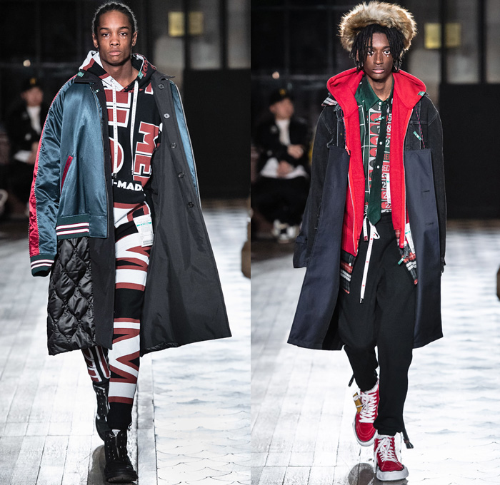 Maison Mihara Yasuhiro 2019-2020 Fall Autumn Winter Mens Runway Show Looks - Mode à Paris Fashion Week Mode Masculine France - Play Responsibly Casino Cards Craps Deconstructed Hybrid Fabrics Panels High Streetwear Bombercoat Quilted Parka Anorak Suit Blazer Pinstripe Camouflage Off Collar Misaligned Shirt Leather Motorcycle Biker Jacket Pink Panther Knit Cardigan Sweater Tearaway Hoodie Sweatshirt Denim Jeans Fanny Pack Pouch Bum Bag Sneakerboot Fur Hat