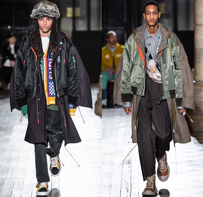 Maison Mihara Yasuhiro 2019-2020 Fall Autumn Winter Mens Runway Show Looks - Mode à Paris Fashion Week Mode Masculine France - Play Responsibly Casino Cards Craps Deconstructed Hybrid Fabrics Panels High Streetwear Bombercoat Quilted Parka Anorak Suit Blazer Pinstripe Camouflage Off Collar Misaligned Shirt Leather Motorcycle Biker Jacket Pink Panther Knit Cardigan Sweater Tearaway Hoodie Sweatshirt Denim Jeans Fanny Pack Pouch Bum Bag Sneakerboot Fur Hat