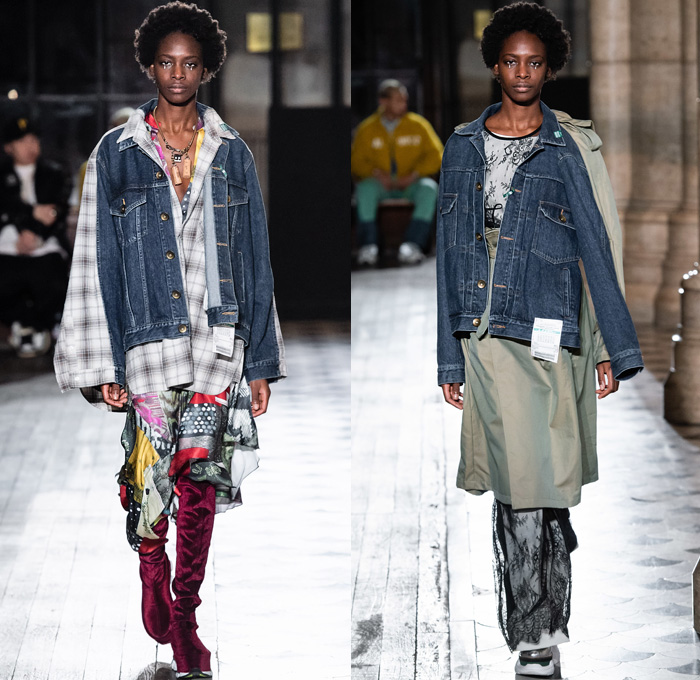 Maison Mihara Yasuhiro 2019-2020 Fall Autumn Winter Womens Runway Show Looks - Mode à Paris Fashion Week Mode Masculine France - Play Responsibly Deconstructed Hybrid Denim Jeans Jacket Long Sleeve Blouse Shirt Plaid Check Silk Satin Pantsuit Blazer Lace Embroidery Needlework Cowboy Print Off Collar Sweatshirt Skirt Bandanna Baroque Ornamental Decorative Art Wide Leg Pants Knee High Boots