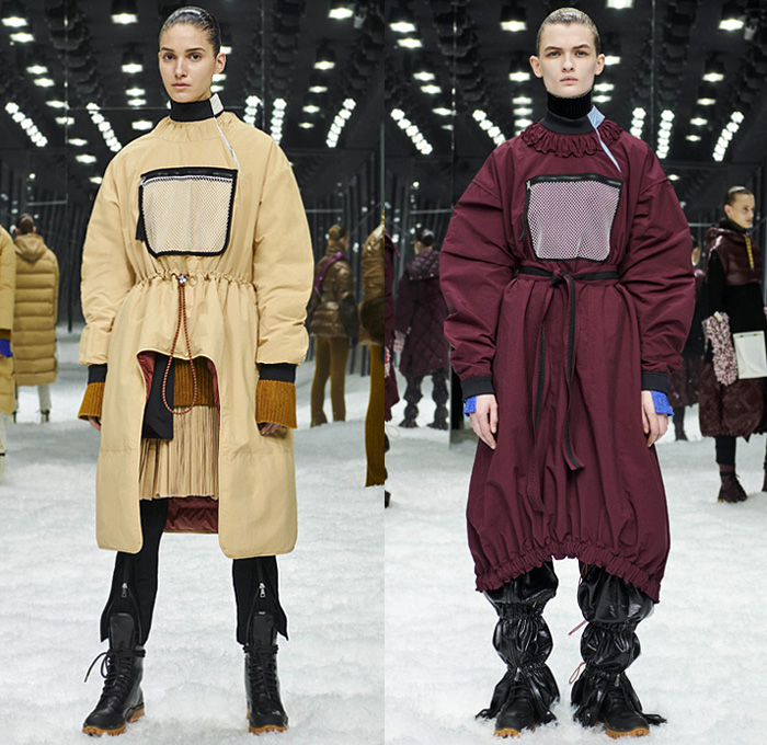 Moncler 2 1952 2019-2020 Fall Autumn Winter Womens Lookbook Presentation Genius Project Collaboration - Milano Moda Donna Collezione Milan Fashion Week Italy - Quilted Puffer Puffa Down Bubble Outerwear Coat Parka Cape Shirtdress Caftan Cinch Mullet High Low Hem Knit Turtleneck Fishnet Pocket Zipper Vest Gilet Crop Top Fur Leaves Plaid Check Flare Pants Boots Beret Sunglasses Crossbody Duffel Bag Tote