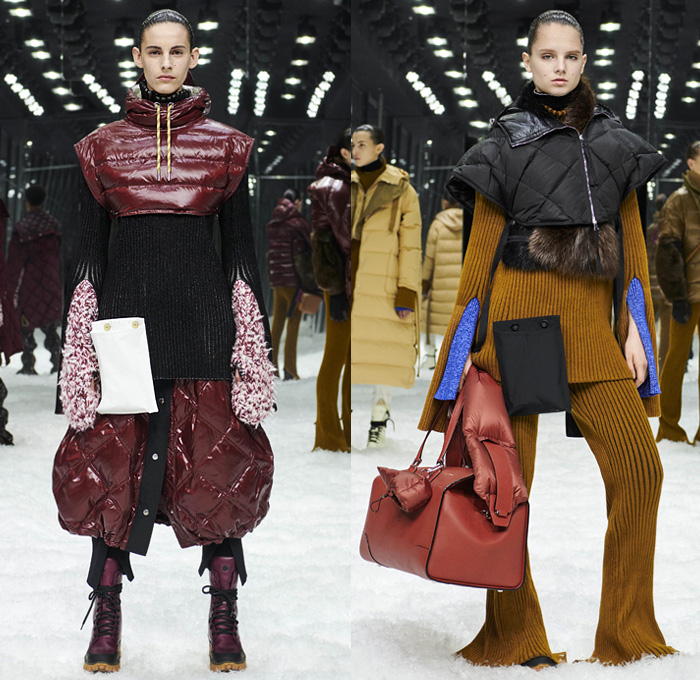 Moncler 2 1952 2019-2020 Fall Autumn Winter Womens Lookbook Presentation Genius Project Collaboration - Milano Moda Donna Collezione Milan Fashion Week Italy - Quilted Puffer Puffa Down Bubble Outerwear Coat Parka Cape Shirtdress Caftan Cinch Mullet High Low Hem Knit Turtleneck Fishnet Pocket Zipper Vest Gilet Crop Top Fur Leaves Plaid Check Flare Pants Boots Beret Sunglasses Crossbody Duffel Bag Tote