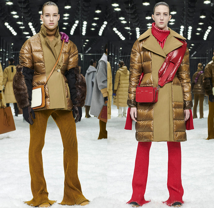 Moncler 2 1952 2019-2020 Fall Autumn Winter Womens Lookbook Presentation Genius Project Collaboration - Milano Moda Donna Collezione Milan Fashion Week Italy - Quilted Puffer Puffa Down Bubble Outerwear Coat Parka Cape Shirtdress Caftan Cinch Mullet High Low Hem Knit Turtleneck Fishnet Pocket Zipper Vest Gilet Crop Top Fur Leaves Plaid Check Flare Pants Boots Beret Sunglasses Crossbody Duffel Bag Tote