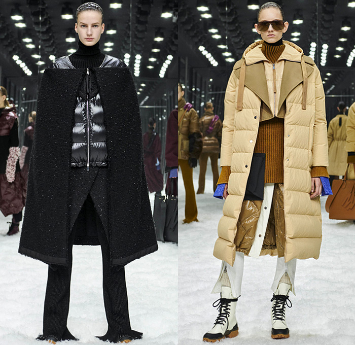 Moncler 2 1952 2019-2020 Fall Autumn Winter Womens Lookbook Presentation Genius Project Collaboration - Milano Moda Donna Collezione Milan Fashion Week Italy - Quilted Puffer Puffa Down Bubble Outerwear Coat Parka Cape Shirtdress Caftan Cinch Mullet High Low Hem Knit Turtleneck Fishnet Pocket Zipper Vest Gilet Crop Top Fur Leaves Plaid Check Flare Pants Boots Beret Sunglasses Crossbody Duffel Bag Tote