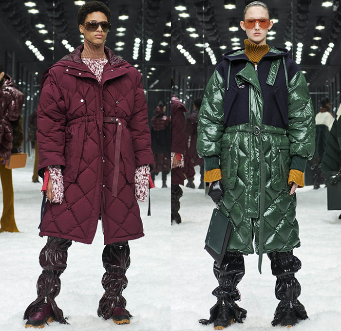 Moncler 2 1952 2019-2020 Fall Autumn Winter Womens Lookbook Presentation Genius Project Collaboration - Milano Moda Donna Collezione Milan Fashion Week Italy - Quilted Puffer Puffa Down Bubble Outerwear Coat Parka Cape Shirtdress Caftan Cinch Mullet High Low Hem Knit Turtleneck Fishnet Pocket Zipper Vest Gilet Crop Top Fur Leaves Plaid Check Flare Pants Boots Beret Sunglasses Crossbody Duffel Bag Tote