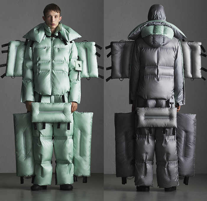 Moncler 5 Craig Green 2019-2020 Fall Autumn Winter Mens Lookbook Presentation Moncler Genius Project - Milano Moda Donna Collezione Milan Fashion Week Italy - Outerwear Arctic Explorer Quilted Puffer Waffle Bubble Down Technical Fabrics Nylon Parka Coat Jacket Pillows Straps Palettes Hoodie Layers Padded Wide Leg Pants