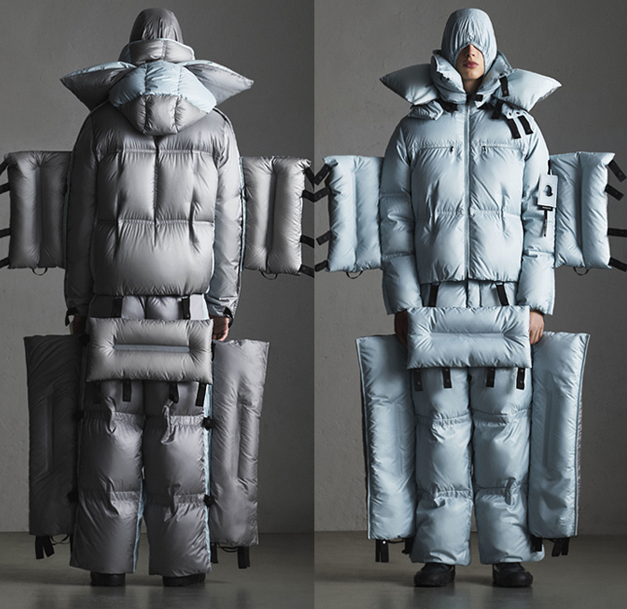 Moncler 5 Craig Green 2019-2020 Fall Autumn Winter Mens Lookbook Presentation Moncler Genius Project - Milano Moda Donna Collezione Milan Fashion Week Italy - Outerwear Arctic Explorer Quilted Puffer Waffle Bubble Down Technical Fabrics Nylon Parka Coat Jacket Pillows Straps Palettes Hoodie Layers Padded Wide Leg Pants