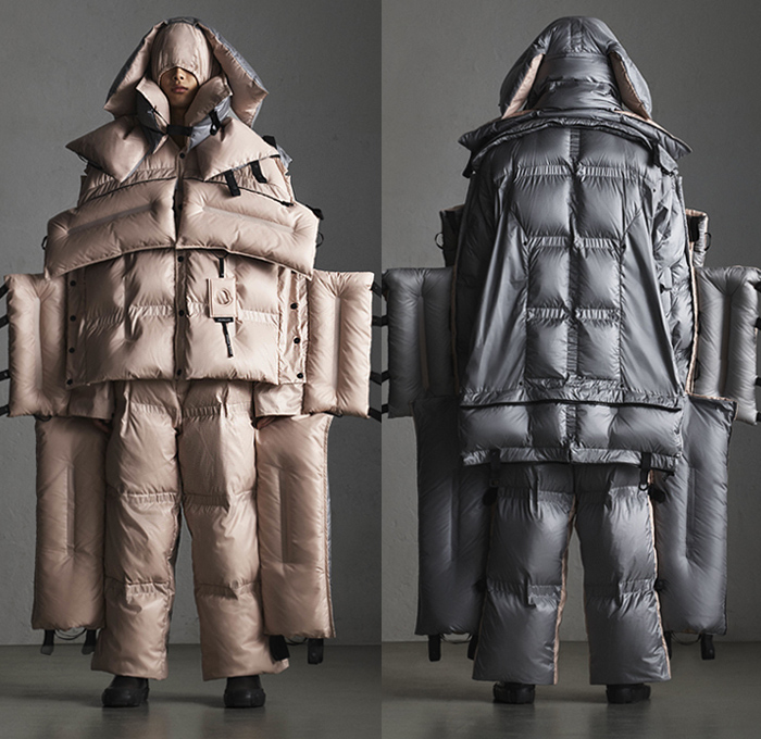 Moncler 5 Craig Green 2019-2020 Fall Autumn Winter Mens Lookbook Presentation Moncler Genius Project - Milano Moda Donna Collezione Milan Fashion Week Italy - Outerwear Arctic Explorer Quilted Puffer Waffle Bubble Down Technical Fabrics Nylon Parka Coat Jacket Pillows Straps Palettes Hoodie Layers Padded Wide Leg Pants