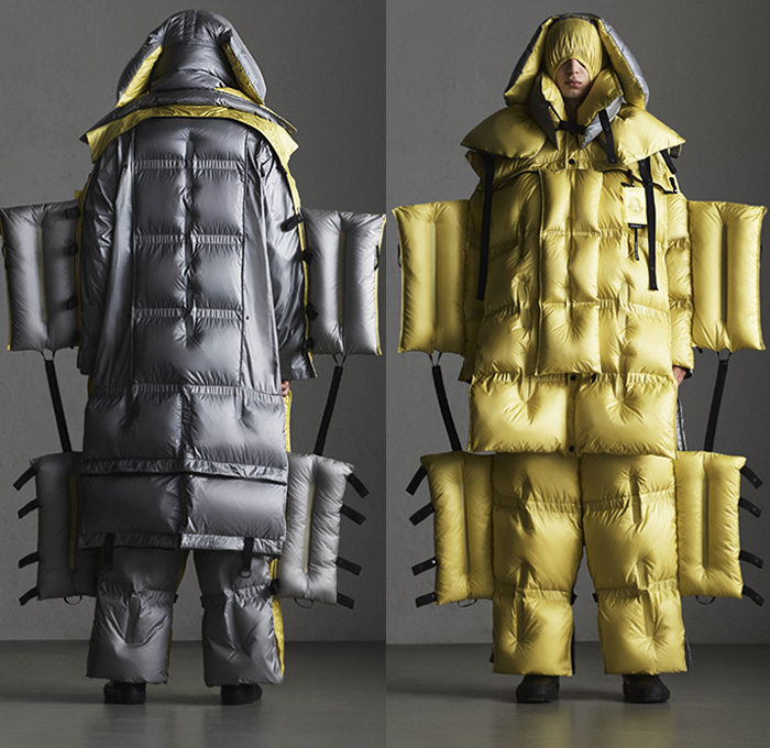 Moncler 5 Craig Green 2019-2020 Fall Autumn Winter Mens Lookbook Presentation Moncler Genius Project - Milano Moda Donna Collezione Milan Fashion Week Italy - Outerwear Arctic Explorer Quilted Puffer Waffle Bubble Down Technical Fabrics Nylon Parka Coat Jacket Pillows Straps Palettes Hoodie Layers Padded Wide Leg Pants