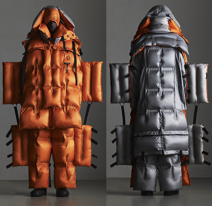 Moncler 5 Craig Green 2019-2020 Fall Autumn Winter Mens Lookbook Presentation Moncler Genius Project - Milano Moda Donna Collezione Milan Fashion Week Italy - Outerwear Arctic Explorer Quilted Puffer Waffle Bubble Down Technical Fabrics Nylon Parka Coat Jacket Pillows Straps Palettes Hoodie Layers Padded Wide Leg Pants