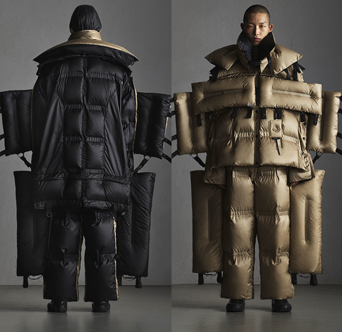 Moncler 5 Craig Green 2019-2020 Fall Autumn Winter Mens Lookbook Presentation Moncler Genius Project - Milano Moda Donna Collezione Milan Fashion Week Italy - Outerwear Arctic Explorer Quilted Puffer Waffle Bubble Down Technical Fabrics Nylon Parka Coat Jacket Pillows Straps Palettes Hoodie Layers Padded Wide Leg Pants