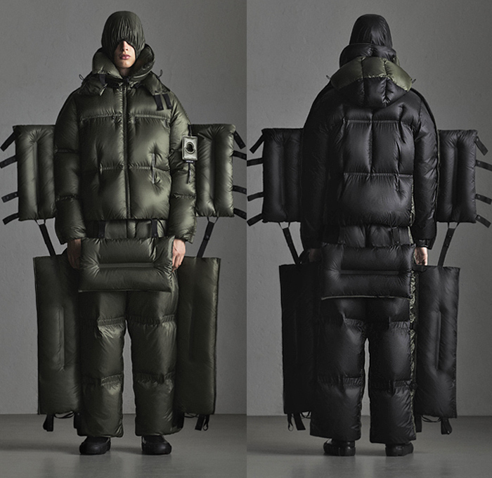 Moncler 5 Craig Green 2019-2020 Fall Autumn Winter Mens Lookbook Presentation Moncler Genius Project - Milano Moda Donna Collezione Milan Fashion Week Italy - Outerwear Arctic Explorer Quilted Puffer Waffle Bubble Down Technical Fabrics Nylon Parka Coat Jacket Pillows Straps Palettes Hoodie Layers Padded Wide Leg Pants