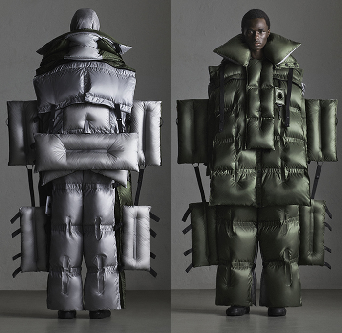 Moncler 5 Craig Green 2019-2020 Fall Autumn Winter Mens Lookbook Presentation Moncler Genius Project - Milano Moda Donna Collezione Milan Fashion Week Italy - Outerwear Arctic Explorer Quilted Puffer Waffle Bubble Down Technical Fabrics Nylon Parka Coat Jacket Pillows Straps Palettes Hoodie Layers Padded Wide Leg Pants