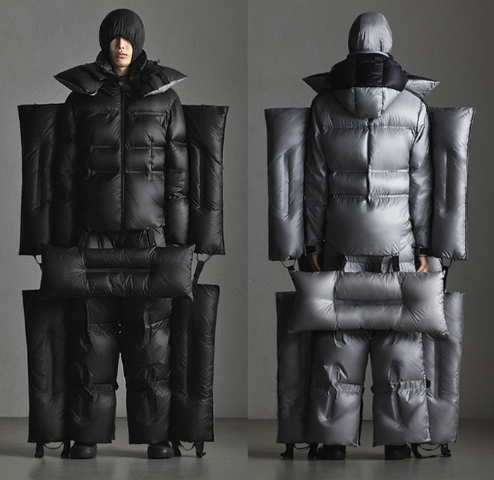 Moncler 5 Craig Green 2019-2020 Fall Autumn Winter Mens Lookbook Presentation Moncler Genius Project - Milano Moda Donna Collezione Milan Fashion Week Italy - Outerwear Arctic Explorer Quilted Puffer Waffle Bubble Down Technical Fabrics Nylon Parka Coat Jacket Pillows Straps Palettes Hoodie Layers Padded Wide Leg Pants