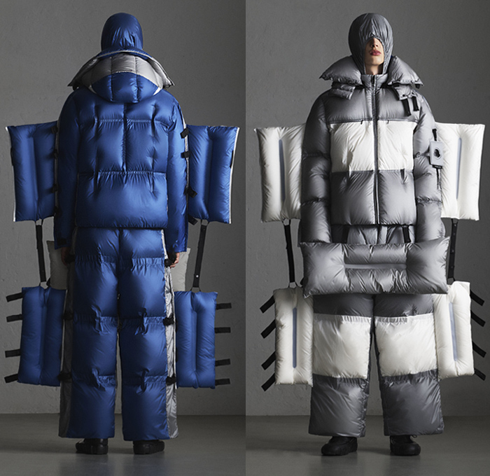 Moncler 5 Craig Green 2019-2020 Fall Autumn Winter Mens Lookbook Presentation Moncler Genius Project - Milano Moda Donna Collezione Milan Fashion Week Italy - Outerwear Arctic Explorer Quilted Puffer Waffle Bubble Down Technical Fabrics Nylon Parka Coat Jacket Pillows Straps Palettes Hoodie Layers Padded Wide Leg Pants