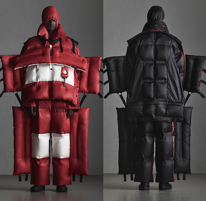 Moncler 5 Craig Green 2019-2020 Fall Autumn Winter Mens Lookbook Presentation Moncler Genius Project - Milano Moda Donna Collezione Milan Fashion Week Italy - Outerwear Arctic Explorer Quilted Puffer Waffle Bubble Down Technical Fabrics Nylon Parka Coat Jacket Pillows Straps Palettes Hoodie Layers Padded Wide Leg Pants