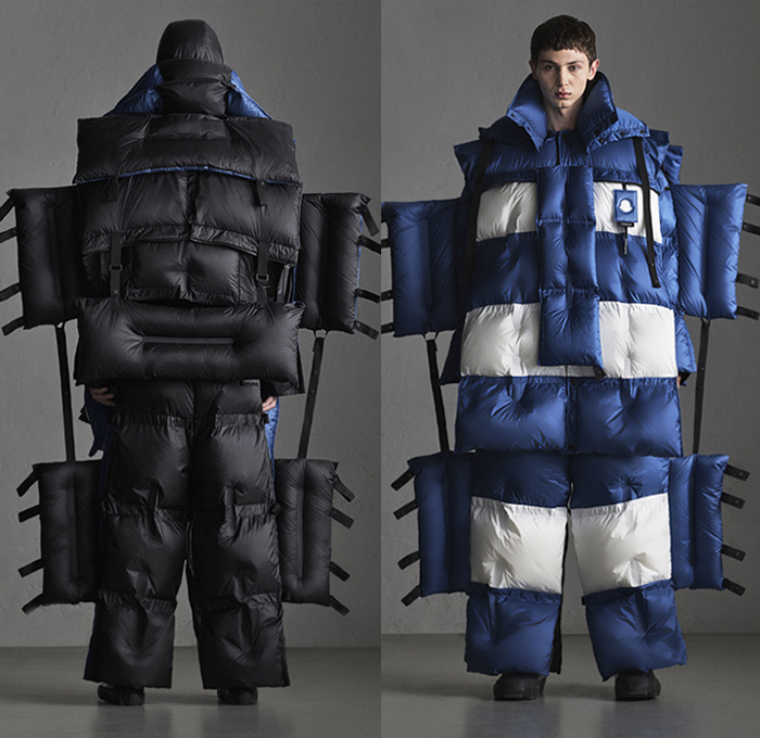 Moncler 5 Craig Green 2019-2020 Fall Autumn Winter Mens Lookbook Presentation Moncler Genius Project - Milano Moda Donna Collezione Milan Fashion Week Italy - Outerwear Arctic Explorer Quilted Puffer Waffle Bubble Down Technical Fabrics Nylon Parka Coat Jacket Pillows Straps Palettes Hoodie Layers Padded Wide Leg Pants