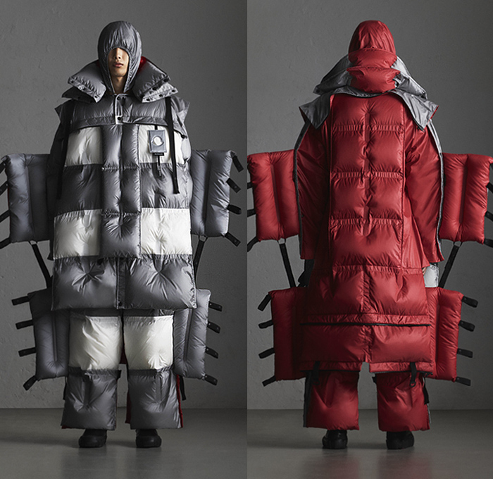 Moncler 5 Craig Green 2019-2020 Fall Autumn Winter Mens Lookbook Presentation Moncler Genius Project - Milano Moda Donna Collezione Milan Fashion Week Italy - Outerwear Arctic Explorer Quilted Puffer Waffle Bubble Down Technical Fabrics Nylon Parka Coat Jacket Pillows Straps Palettes Hoodie Layers Padded Wide Leg Pants
