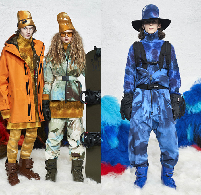 Moncler Grenoble 2019-2020 Fall Autumn Winter Mens Runway Catwalk Looks - Milano Moda Donna Collezione Milan Fashion Week Italy - 1970s Seventies Woodstock Quilted Puffer Padded Down Bubble Coat Parka Jacket Ski Snow Snowboard Arctic Helmet Goggles Tiered Fringes Stars Face Silhouette Print Knit Turtleneck Check Plaid Scarf Fur Shearling Hat Leggings Onesie Jumpsuit Coveralls Goggles Backpack Harness Gloves Boots