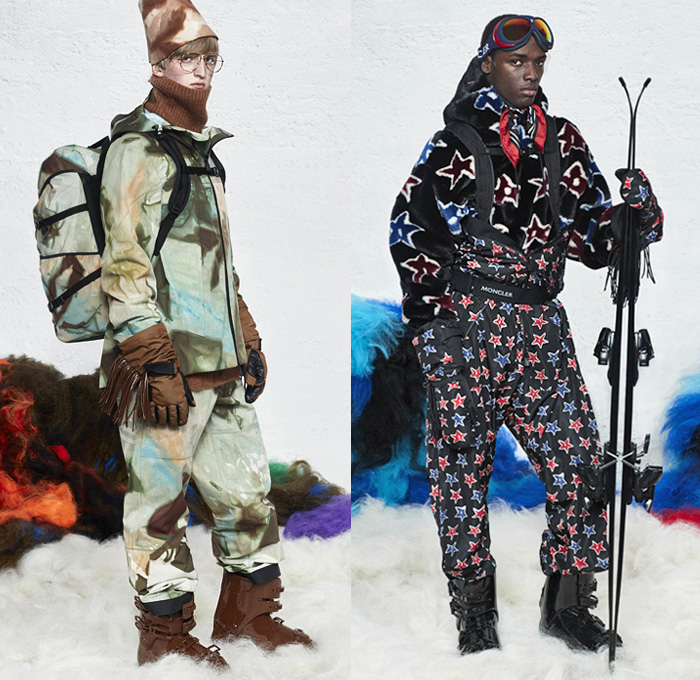 Moncler Grenoble 2019-2020 Fall Autumn Winter Mens Runway Catwalk Looks - Milano Moda Donna Collezione Milan Fashion Week Italy - 1970s Seventies Woodstock Quilted Puffer Padded Down Bubble Coat Parka Jacket Ski Snow Snowboard Arctic Helmet Goggles Tiered Fringes Stars Face Silhouette Print Knit Turtleneck Check Plaid Scarf Fur Shearling Hat Leggings Onesie Jumpsuit Coveralls Goggles Backpack Harness Gloves Boots