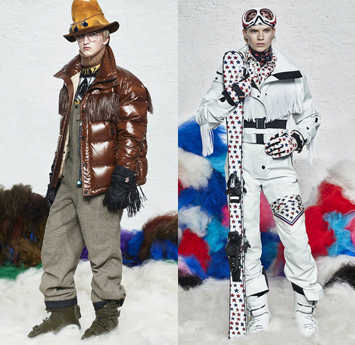 Moncler Grenoble 2019-2020 Fall Autumn Winter Mens Runway Catwalk Looks - Milano Moda Donna Collezione Milan Fashion Week Italy - 1970s Seventies Woodstock Quilted Puffer Padded Down Bubble Coat Parka Jacket Ski Snow Snowboard Arctic Helmet Goggles Tiered Fringes Stars Face Silhouette Print Knit Turtleneck Check Plaid Scarf Fur Shearling Hat Leggings Onesie Jumpsuit Coveralls Goggles Backpack Harness Gloves Boots