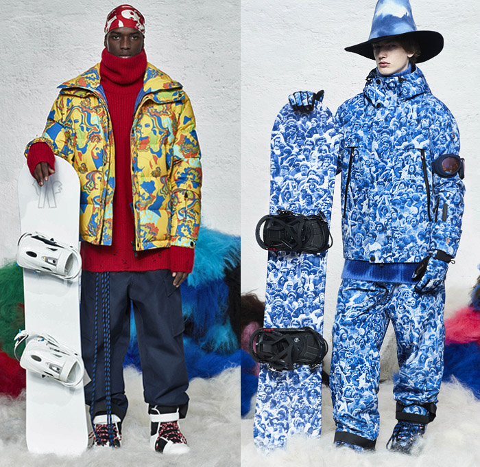 Moncler Grenoble 2019-2020 Fall Autumn Winter Mens Runway Catwalk Looks - Milano Moda Donna Collezione Milan Fashion Week Italy - 1970s Seventies Woodstock Quilted Puffer Padded Down Bubble Coat Parka Jacket Ski Snow Snowboard Arctic Helmet Goggles Tiered Fringes Stars Face Silhouette Print Knit Turtleneck Check Plaid Scarf Fur Shearling Hat Leggings Onesie Jumpsuit Coveralls Goggles Backpack Harness Gloves Boots