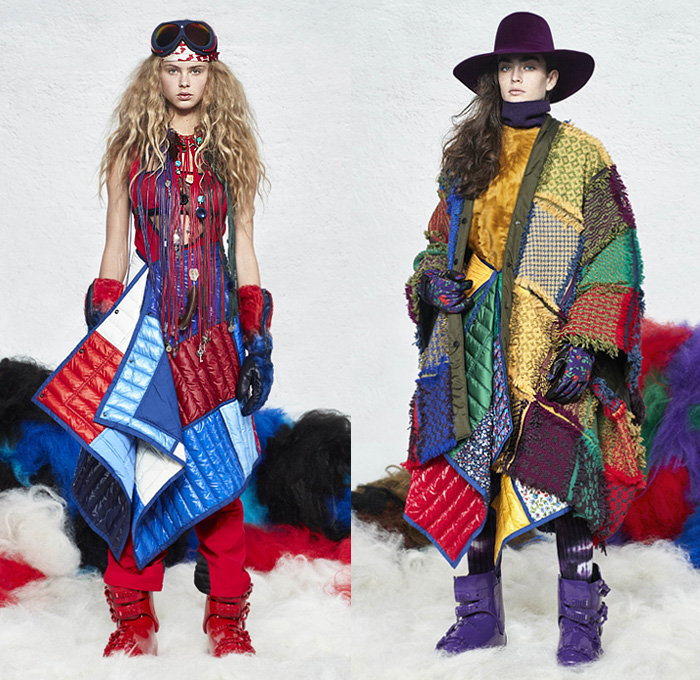 Moncler Grenoble 2019-2020 Fall Autumn Winter Womens Runway Catwalk Looks - Milano Moda Donna Collezione Milan Fashion Week Italy - 1970s Seventies Woodstock Quilted Puffer Padded Down Bubble Coat Parka Poncho Jacket Ski Snow Arctic Helmet Goggles Tiered Fringes Colorblock Stars Knit Turtleneck Patchwork Check Plaid Scarf Fur Leggings Hat Goggles Gloves Boots