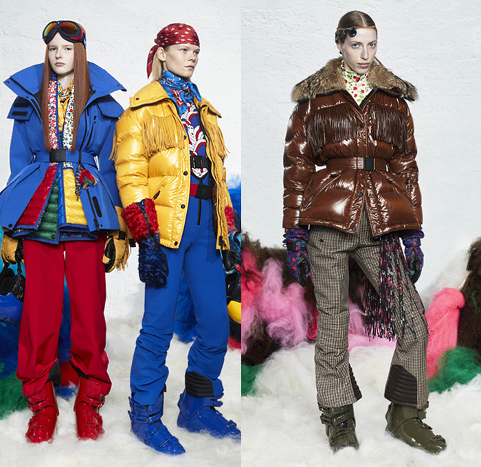 Moncler Grenoble 2019-2020 Fall Autumn Winter Womens Runway Catwalk Looks - Milano Moda Donna Collezione Milan Fashion Week Italy - 1970s Seventies Woodstock Quilted Puffer Padded Down Bubble Coat Parka Poncho Jacket Ski Snow Arctic Helmet Goggles Tiered Fringes Colorblock Stars Knit Turtleneck Patchwork Check Plaid Scarf Fur Leggings Hat Goggles Gloves Boots