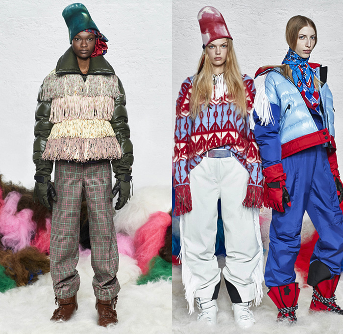 Moncler Grenoble 2019-2020 Fall Autumn Winter Womens Runway Catwalk Looks - Milano Moda Donna Collezione Milan Fashion Week Italy - 1970s Seventies Woodstock Quilted Puffer Padded Down Bubble Coat Parka Poncho Jacket Ski Snow Arctic Helmet Goggles Tiered Fringes Colorblock Stars Knit Turtleneck Patchwork Check Plaid Scarf Fur Leggings Hat Goggles Gloves Boots