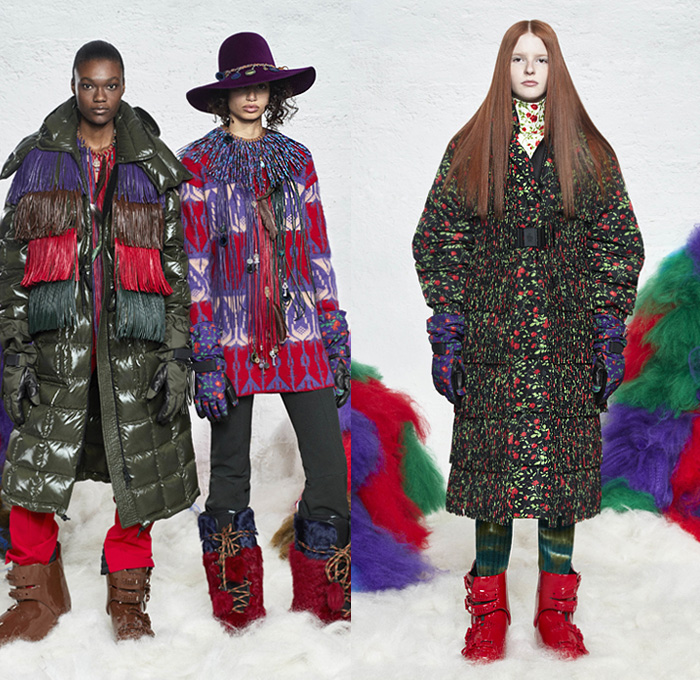 Moncler Grenoble 2019-2020 Fall Autumn Winter Womens Runway Catwalk Looks - Milano Moda Donna Collezione Milan Fashion Week Italy - 1970s Seventies Woodstock Quilted Puffer Padded Down Bubble Coat Parka Poncho Jacket Ski Snow Arctic Helmet Goggles Tiered Fringes Colorblock Stars Knit Turtleneck Patchwork Check Plaid Scarf Fur Leggings Hat Goggles Gloves Boots