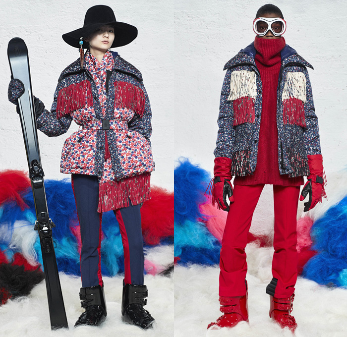 Moncler Grenoble 2019-2020 Fall Autumn Winter Womens Runway Catwalk Looks - Milano Moda Donna Collezione Milan Fashion Week Italy - 1970s Seventies Woodstock Quilted Puffer Padded Down Bubble Coat Parka Poncho Jacket Ski Snow Arctic Helmet Goggles Tiered Fringes Colorblock Stars Knit Turtleneck Patchwork Check Plaid Scarf Fur Leggings Hat Goggles Gloves Boots